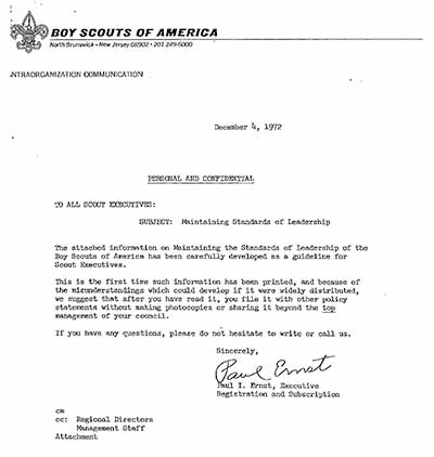 Boy Scouts Letter to all Scout Executives regarding Maintaining Standards of Leadership